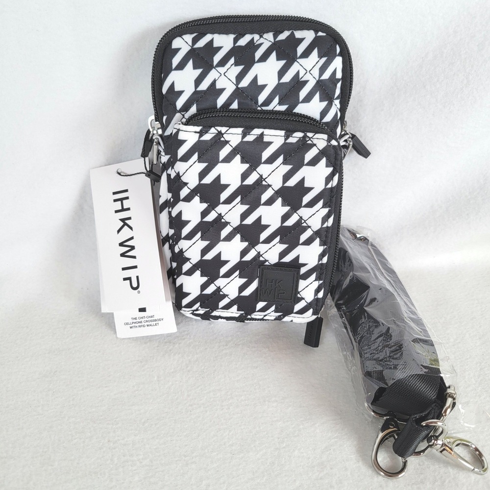 IHKWIP Womens Crossbody Bag The Chit-Chat RFID Houndstooth Size Small Black - Picture 1 of 9